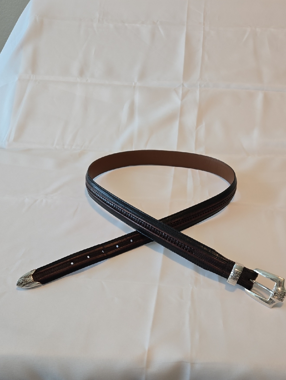Brighton Onyx Brown Leather Belt Silver Engraved Buckle Size 42